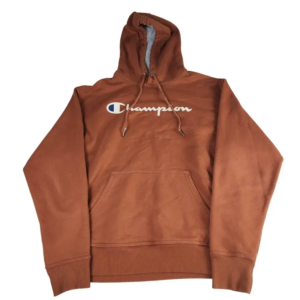Champion Hoodie Men’s Medium Brown Logo Pullover Sweatshirt Cotton Blend Winter - Picture 2 of 9